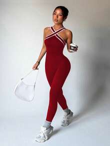 Dewbera Women's Contrast Stripe Halter Neck Jumpsuit - Red - View 1