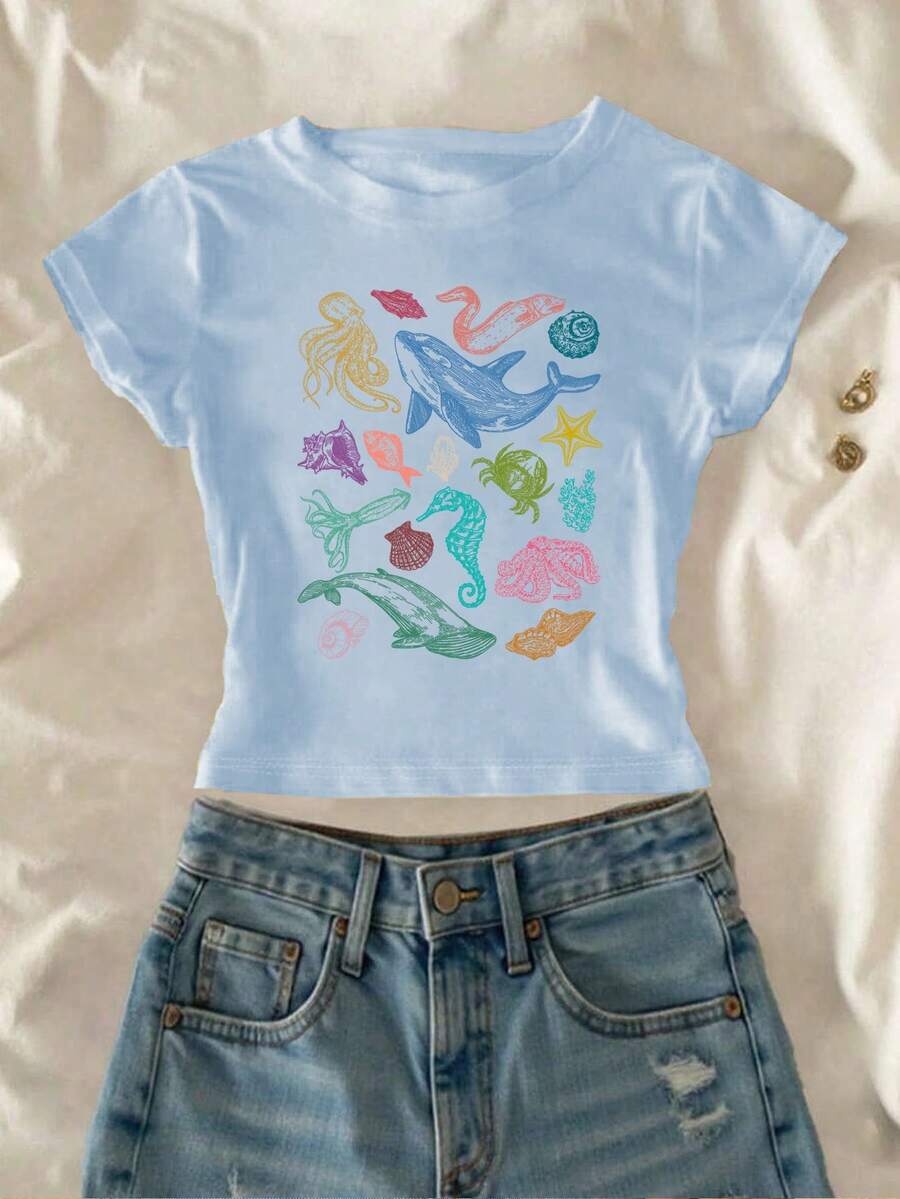 INAWLY Y2K 夏季假期海洋生物撞色印花女式T恤图案上衣 - 藍色 - 查看 1