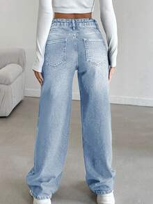 EURMUSE 女士休闲水洗低腰直筒牛仔裤 - 淺色水洗藍 - 查看 2