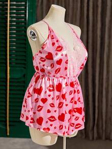 SilkySpell Plus Size Heart & Lip Print Contrast Lace Jumpsuit Pajamas Sexy Sleep Dress Sexy Nightwear Women Sexy Lingerie Dresses Babydoll Dress Lingerie - Pink - View 8