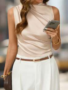 Editum 女士褶皱无袖吊带背心，优雅缎面面料，适合日常穿着、通勤、春夏及办公场合。 - 杏色 - 查看 4