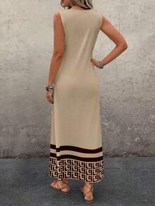 Brillora Đầm nữ không tay cổ tròn in họa tiết hình học, thích hợp cho kỳ nghỉ. - Màu Khaki - Xem 2