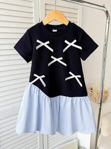 SHEIN 蓝色拼接条纹短袖休闲连衣裙，学院风 - 寶藍色 - 查看 1