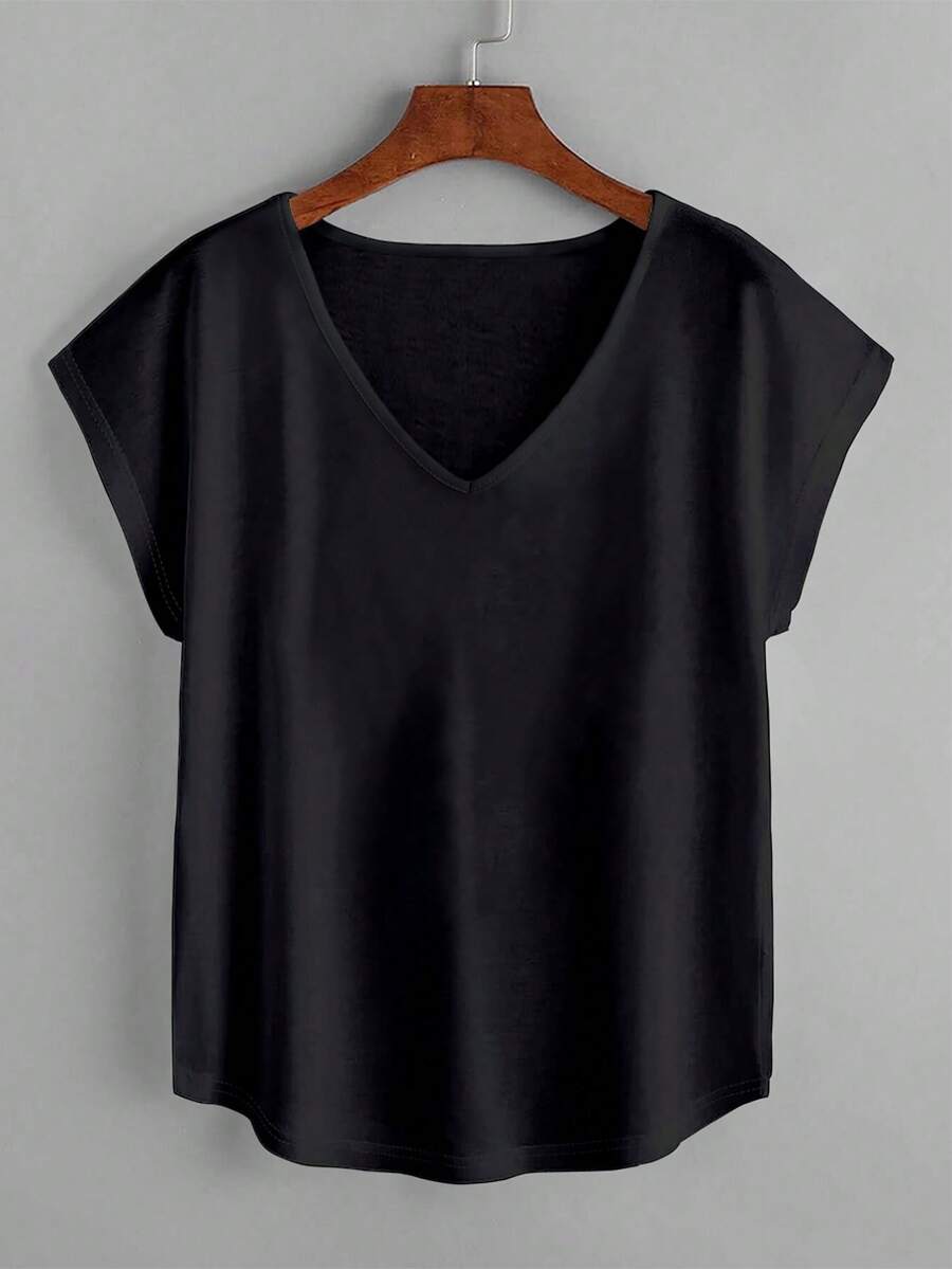EMERY ROSE Women's Solid Color V-Neck Casual Loose Fit Short Sleeve T-Shirt - Black - View 1