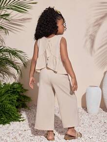 少女休闲度假风纹理圆领吊带背心配蝴蝶结和直筒裤套装 - 杏色 - 查看 2