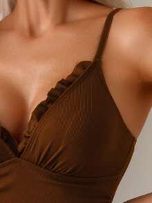 Swim Basics Áo tắm liền thân nữ màu trơn, có bèo nhún, buộc dây phía trước, kiểu dáng thường ngày, thích hợp cho kỳ nghỉ. - Cà phê nâu - Xem 4