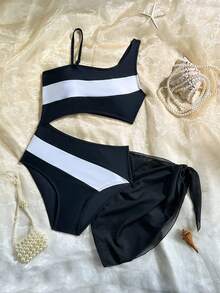 SHEIN 2件套少女撞色连体泳衣,弹力速干舒适针织面料,适合海滩、泳池、冲浪、度假、夏季旅行 - 黑與白 - 查看 4