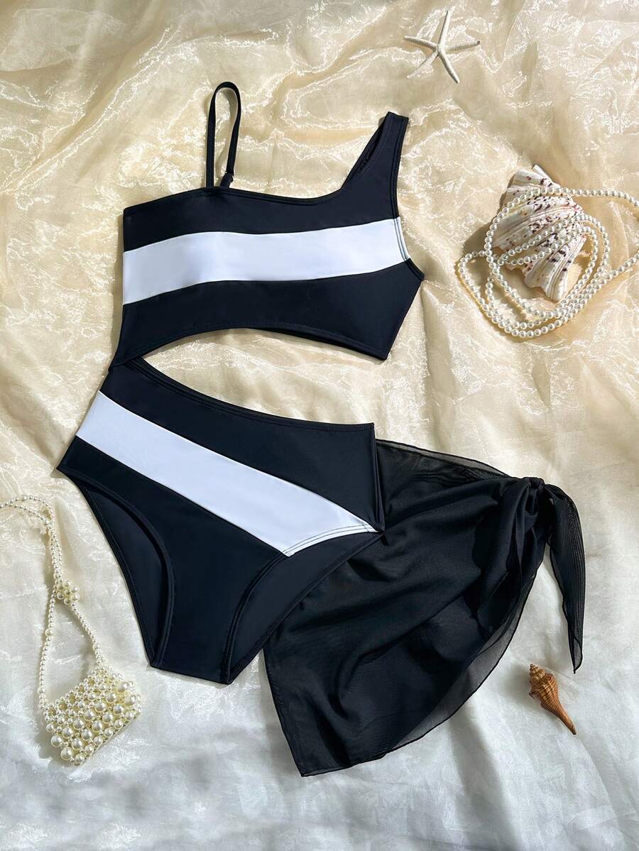SHEIN 2件套少女撞色挂脖连体泳衣，弹力速干舒适针织面料，适合海滩、泳池、冲浪、度假、夏季旅行