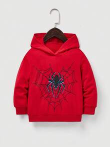 SHEIN Bộ đồ 2 món phong cách đường phố cá tính dành cho bé trai, gồm áo sweatshirt đỏ in hình nhện và quần jeans skinny đen rách co giãn cao cấp, thích hợp cho mùa thu/đông. - Rửa trung bình - Xem 6