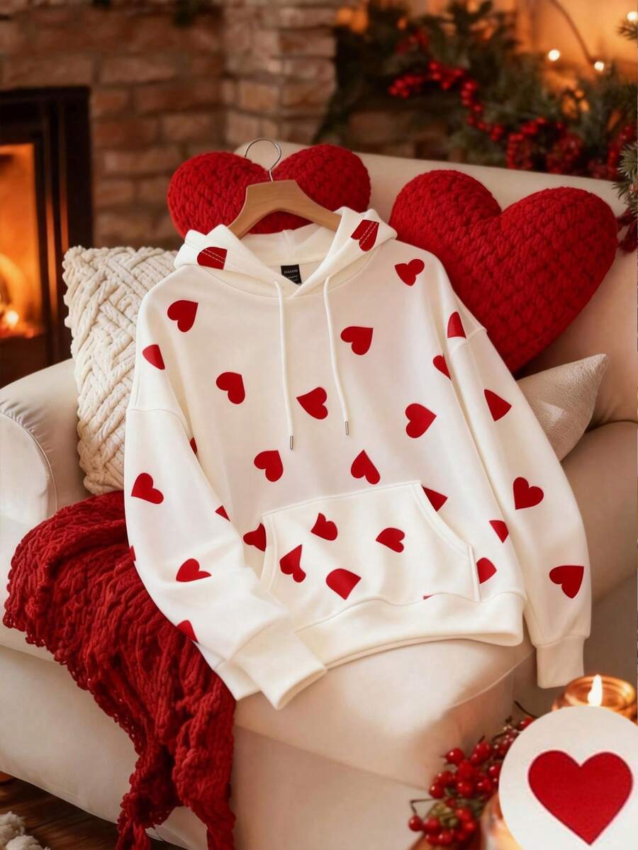 Resyla 女士爱心印花宽松连帽卫衣，情人节、春秋季、秋冬季、日常穿着皆宜。