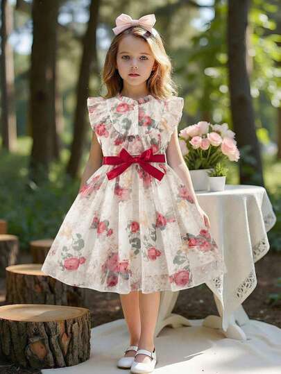 1 pieza Vestido de verano para niñas con cuello con volantes, adorno floral en la parte delantera, cremallera en la espalda y diseño de cinturón en la cintura, vestido floral elegante de color rojo para actuaciones, cumpleaños, vacaciones