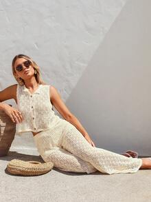 Vivid Eden 2pcs Women Hollow Out Round Neck Sleeveless Knit Top And Knitted Blend Pants Set,Spring To Summer,Vacation,Vacation Style,Beach Set,Casual Sets For Women,Summer Holiday Outfits - Beige - View 5