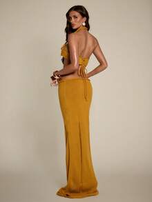 SHEIN BAE طقم تنورة وبلوزة كاجوال مزين بخرز اللؤلؤ الاصطناعي للعطلات - أصفر - مشاهدة 3
