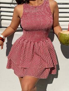 Sunnyshic Fashionable Minimalist Spring/Summer New Versatile Round Neck Red Plaid Gentle Elegant Fitted Waist Sleeveless Dress - Red - View 1