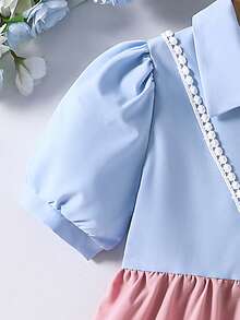 Sparklyn Tween Girl Colorblock Ruffle Hem Button Front Short Sleeve Dress - Multicolor - View 2