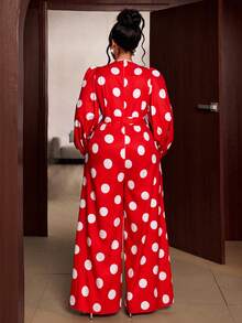 Maweii 大码女士优雅派对深V领系腰波点连体裤