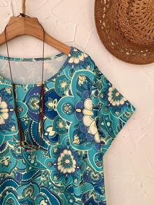 Rusticease Plus Size Women Teal Floral Print Round Neck Short Sleeve Loose Casual Dress,Boho Summer Vacation Holiday Outfits,Spring Country Style Flower Dress - Multicolor - View 5