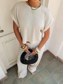 Muchica 杏色针织上衣和裤子休闲家居服套装 - 杏色 - 查看 1