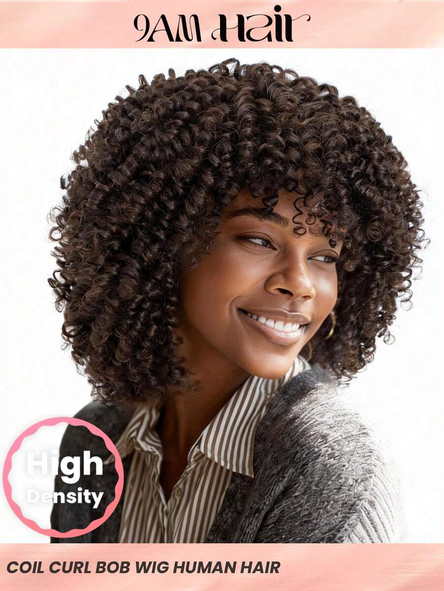 Density Pro Brown Afro Curly Bob Wig With Bangs Human Hair Short Bouncy Coil Curl Bob Bang Wig Wear And Go 12 Inch Afro Coli Curl Wig 200% Density Glueless Non Lace Machine Made Wig Small Tight Curl Soft Brazilian Remy Hair - S4 - View 1