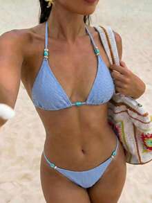 Swim Mod Women's Blue Textured Fabric Halter Triangle Top & V-Shape Bottom Bikini Set, Beach/Swimwear, Spring/Summer - Blue - View 1