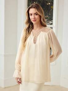 MOTF PREMIUM WOMEN'S CHIFFON CONTRAST LACE RIBBON EMBROIDERED ROMANTIC BLOUSE - Apricot - View 7