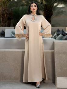 Layrah Handmade Rhinestone & Feather Trim Loose Arabic Maxi Dress - Apricot - View 7