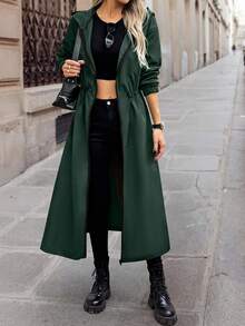 SHEIN LUNE 女式休闲纯色落肩宽松束腰拉链连帽长款风衣 - 墨綠色 - 查看 6