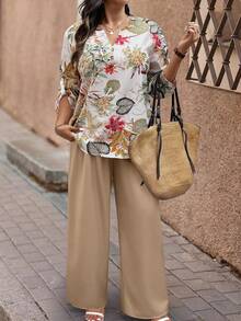 Breezaya Plus Size Floral Print Shirt And Pants Two Pieces Casual Vacation Set - Multicolor - View 3