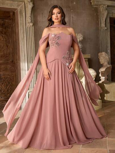 Aureia 大码优雅莲藕粉色不对称露肩手工3D贴花串珠新颖下摆微型鱼尾（可拆卸亮片吊坠）连衣裙，适合约会、度假、单身派对、婚礼、正式场合。