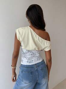 Aloruh 女士性感优雅单肩修身蕾丝拼接纯色上衣 - 杏色 - 查看 5