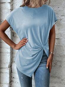 SHEIN LUNE 女士圆领蝙蝠袖扭结下摆休闲纯色T恤 - 淺藍色 - 查看 6