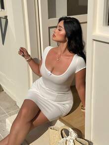 Sunnyshic Vestido ajustado de mujer talla grande con jacquard en forma de corazón, blanco, cómoda vestimenta casual para primavera/verano - Blanco - Ver 3