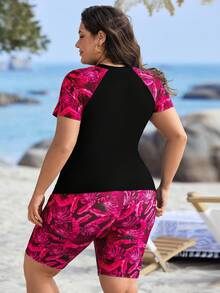 Swim Lushoire Plus Size Women Tropical Plant Print Patchwork Sleeveless Casual Tankini Swimsuit Set - Hot Pink - View 2