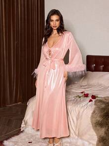 Slumberist 优雅迷人的女士性感闪亮面料飘逸羽毛装饰流苏睡袍睡裙两件套，居家及户外穿着皆宜。 - 藕粉色 - 查看 6