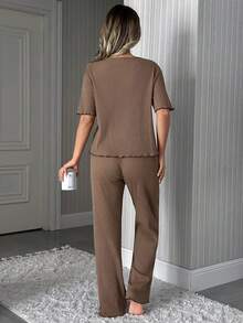 EURMUSE Tall 高个女款纯棉两件套罗纹针织圆领短袖衬衫和长裤家居服舒适休闲套装 - 棕色 - 查看 2