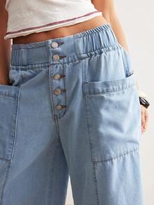 Bohemela 女士休闲纯色梭织宽松七分裤 - 藍色 - 查看 1