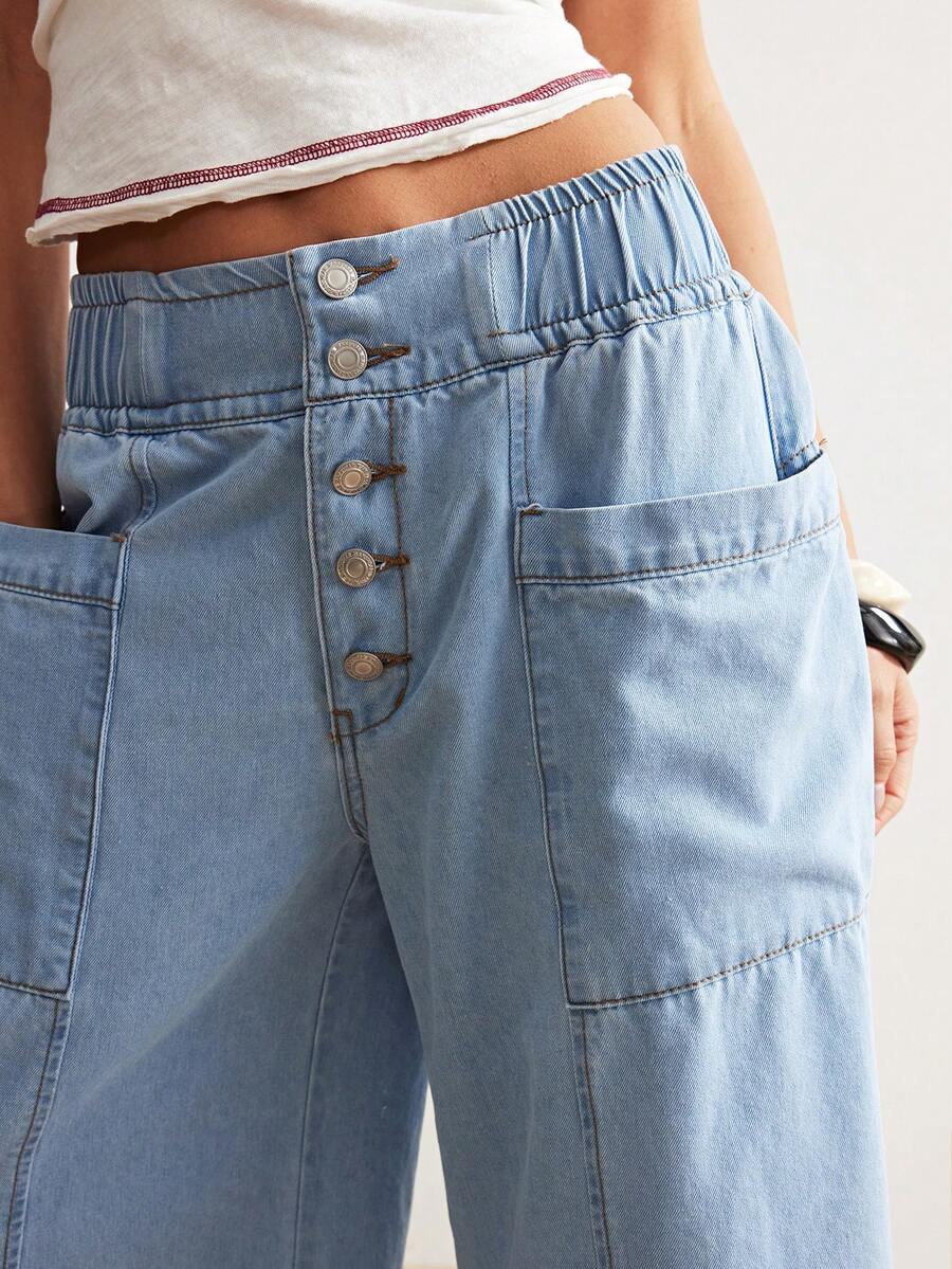 Bohemela 女士休闲纯色梭织宽松七分裤 - 藍色 - 查看 1