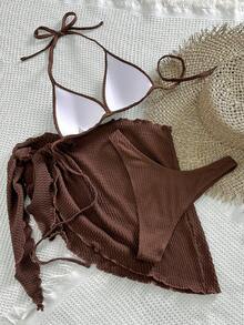 Swim SXY 夏日沙灘純色露背推進文胸及游泳三角底比基尼套裝，配沙灘裙泳衣 - 咖啡棕 - 查看 4