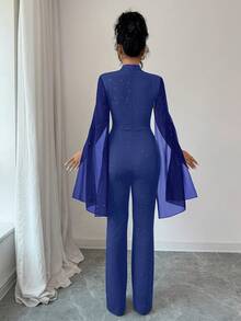 SHEIN Elenzya 女士纯色立领开袖镂空设计优雅喇叭连体裤 - 寶藍色 - 查看 2