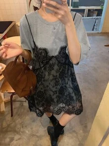 DAZY 女士蕾丝拼接无袖二合一短袖连衣裙夏季女装吊带裙