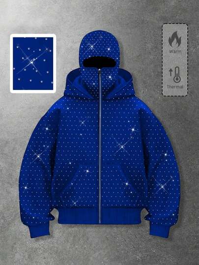 Street Life Felpa con cappuccio alla moda decorata con strass, con tasche e zip frontale, felpa con cappuccio per uomo