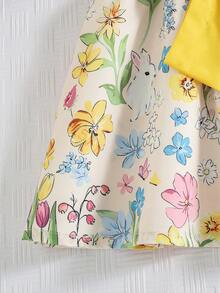 Souflis Souflis 1pc Baby Girls' Summer New Round Neck Dress, Cute Rabbit & Floral Print, Ruffle Trim, Elastic Waist, Big Bow Decor, Simple & Versatile Holiday Dress - Yellow - View 9