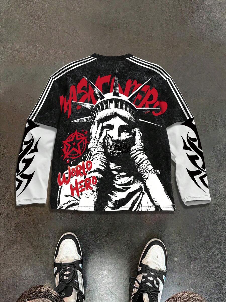 PAVTROS Men's Casual Fashion Street Statue Of Liberty Letter Print Contrast Striped Side 2 In 1 T-Shirt, Spring/Autumn - Multicolor - View 1