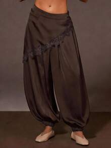 Athîral Women's Casual 2 In 1 Solid Color Lace Patchwork Lantern Pants - Brown - View 1