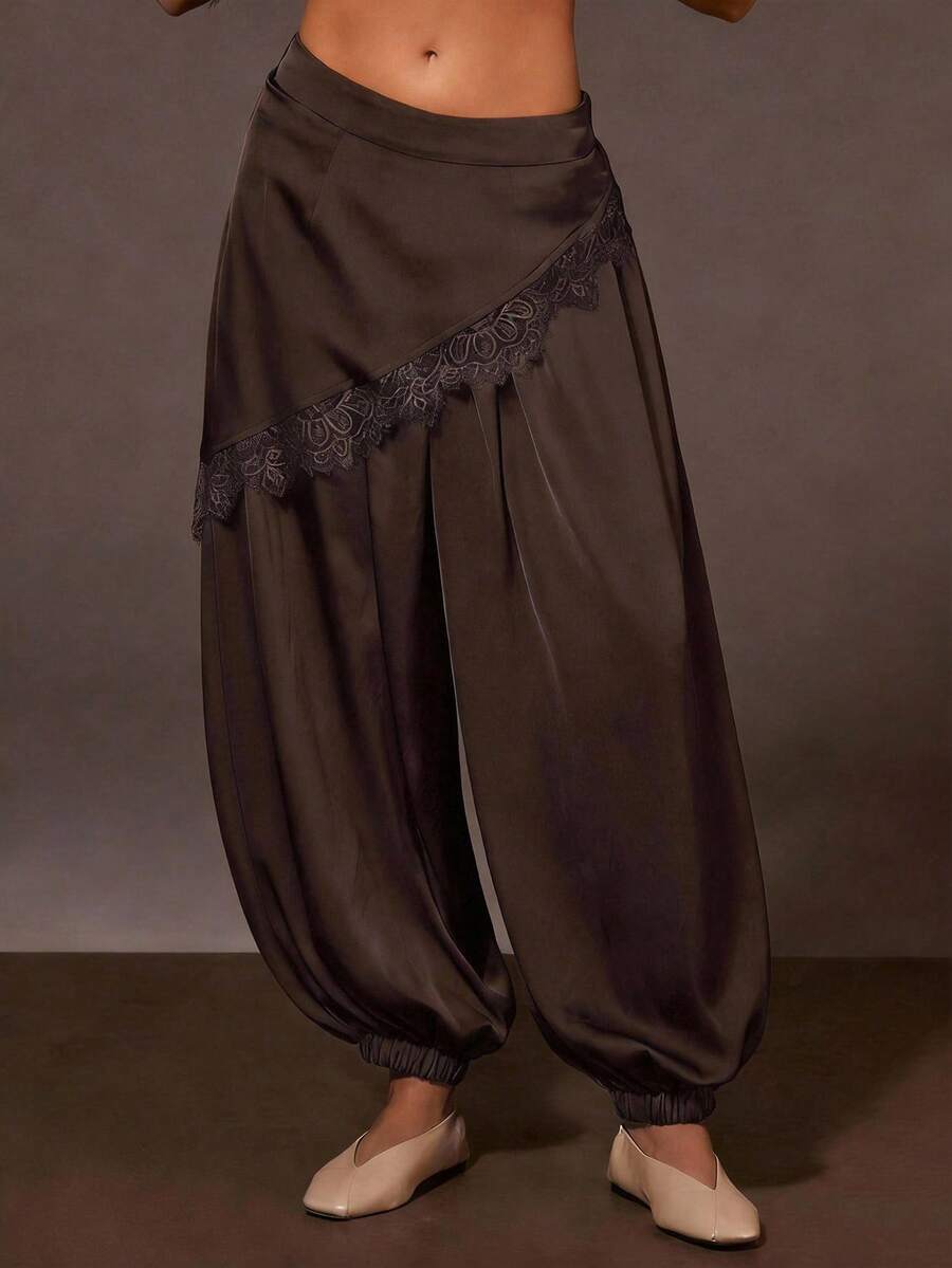 Athîral Women's Casual 2 In 1 Solid Color Lace Patchwork Lantern Pants - Brown - View 1
