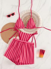 Swim Vcay 3pcs/Set Knitted Party, Beach, New Year Dress, Sexy Beach Dress, Red New Year Winter Christmas Dress, Elegant Summer Women Bikini Swimwear Set - Red - View 6