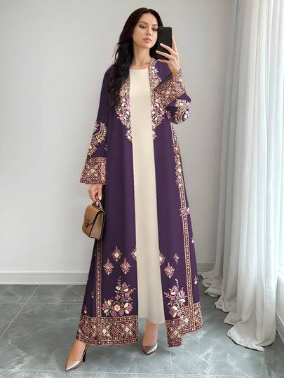 SHEIN Najma 女士菱形几何复古图案数码印花休闲长袖阿拉伯长袍开衫外套，春秋季