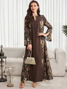 Al Najma Vestido árabe holgado con estampado floral, cuello con muesca, manga acampanada y abertura, de tela mixta casual para vacaciones - Café integral - Ver 4