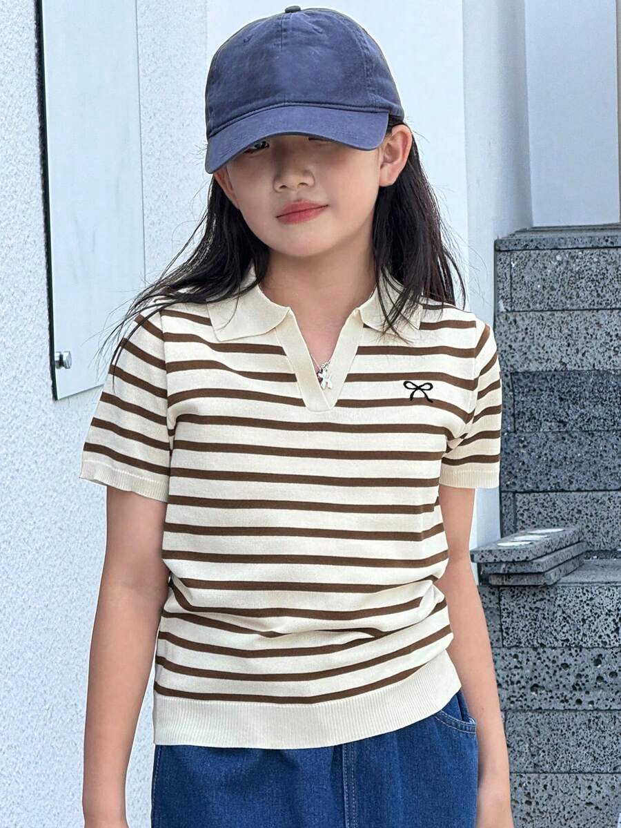 Dazy Kids 少女休闲条纹蝴蝶结装饰短袖针织上衣,夏季 - 棕色 - 查看 1