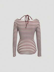 INAWLY Camiseta de Manga Longa com Listras e Renda em Contraste, Moda Outono Feminina - Multicolorido - Visão 5